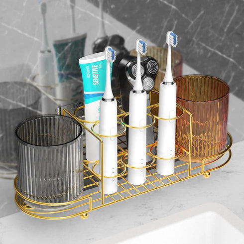2 Toothbrush Holders with Cup - Wall Mount Electric Toothbrush Holder Gold Stainless Steel Electric Razor Holder