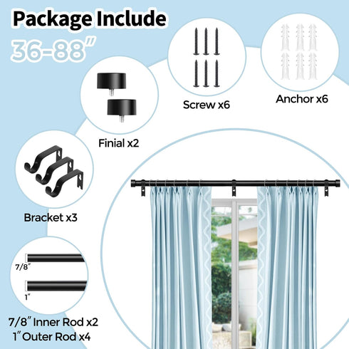 Black 1'' Diameter Curtain Rods for Windows 48 to 84 Inch, Modern Adjustable Heavy Duty Drapery Rod