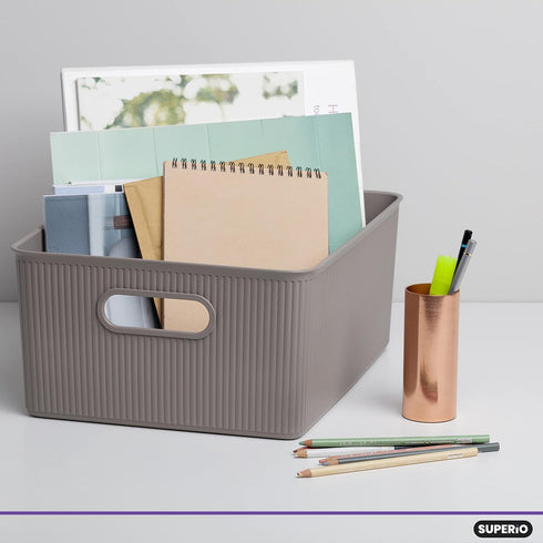 Superio Ribbed Collection - Decorative Plastic Open Storage Bins, Large Taupe (2 Pack), 15 Liter/16 Quart