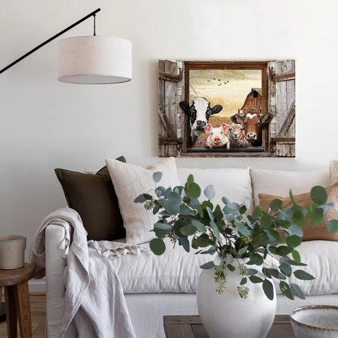 Kasluolo Farmhouse Animals Wall Art, Cow in Fake Window Landscape Picture, Framed Artwork for Bathroom or Office 12x16