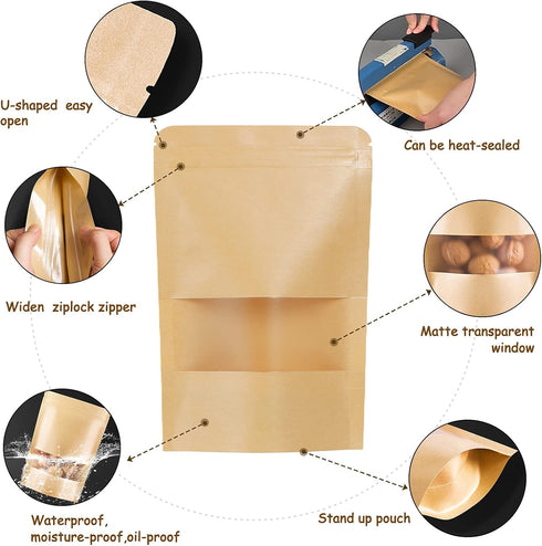 50pcs Kraft Bags with Window, 4.7x7.8 Inches Brown Reusable Zip Lock Food Storage Pouches
