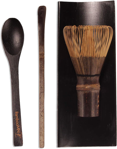 BambooMN Matcha Whisk Set - Black Chasen (Tea Whisk), Black Tray, Chashaku (Hooked Bamboo Scoop), Tea Spoon - 2 Sets