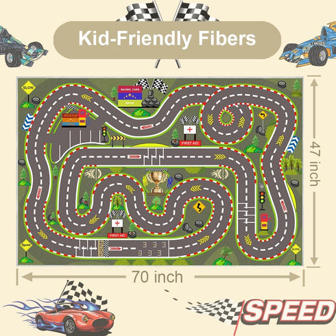 7047 3D Kids Rug, Race Track Playmat Rugs in Kids Carpet with Rubber Backing, Start and Finish line Racing Track