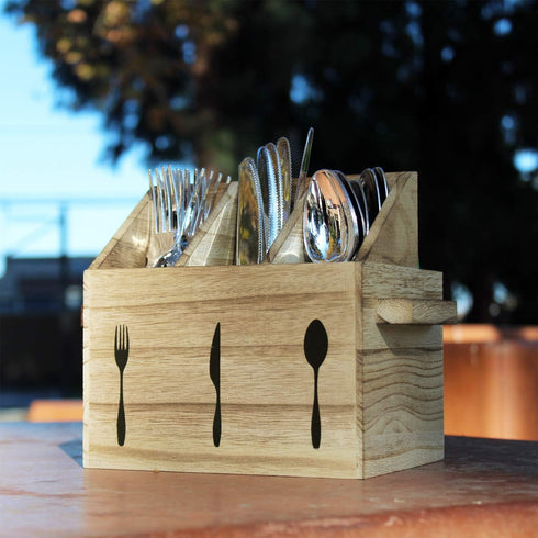 Ikee Design Wooden Flatware Caddy - Silverware Holder with Handles for Outdoor and Picnic Use, Oak Color