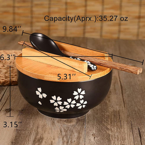 WHJY Black Ceramic Bowl with Lid, Spoon, Chopsticks for Soup, Rice, Noodles. Japanese Traditional Style Tableware. by WHJY