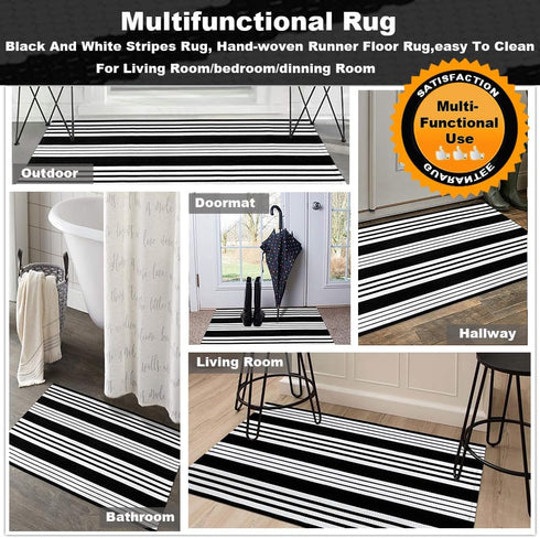 Black and White Striped Rug 27.5 x 43 Inches, Hand-Woven Indoor/Outdoor Area Rug, Farmhouse Front Door Floor Mat