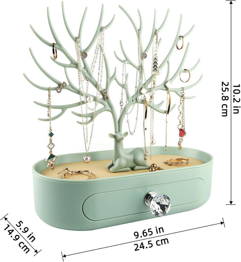 MORE&LESS Antlers Jewelry Display Stand with Drawer, Tree Tower Rack Organizer for Rings, Earrings, Necklaces, Bracelets