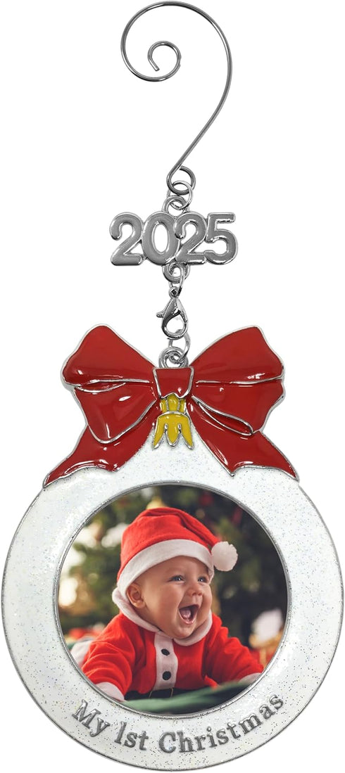 Baby's 1st Christmas Photo Ornament - 2025 Charm, Bulb Shape with White Glitter & Red Bow - Gift-Storage Bag Included,