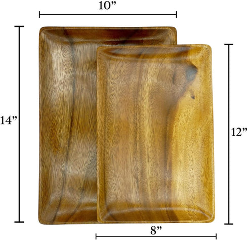 Set 2 14" 10", 12" 8", Acacia Wood Dinner Serving Tray of Size: Lg x Med x Richly Grained, Decorative Coffee Table