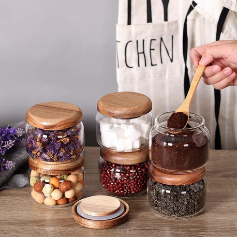 Set 6-8.5oz SAIOOL Kitchen Canisters of Glass Spice Jars With Acacia Airtight Lid and Labels Round Spice Bottles