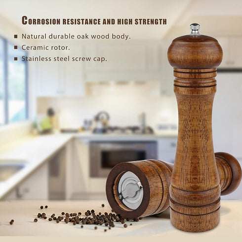 8 Inch Oak Wooden Pepper Mill Grinder - Refillable with Adjustable Coarse to Fine (1 Pack)