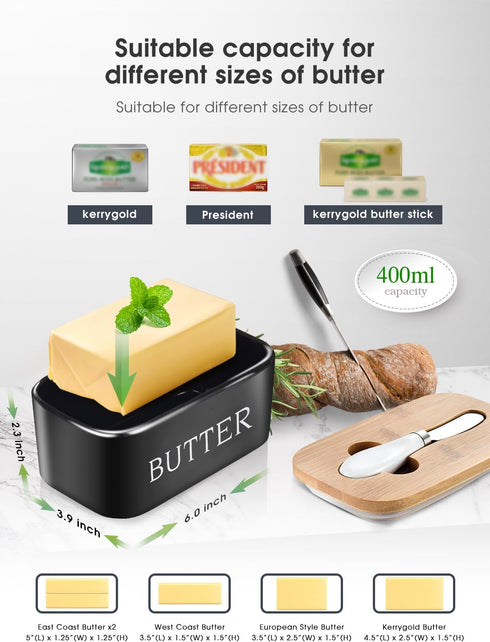 Set 2, AISBUGUR Butter Dish with lid Ceramics Butter Keeper Container with Knife and High- quality Silicone Sealing