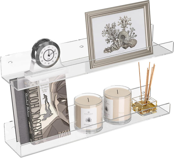 18'' Clear Acrylic Bookshelf 2 Pack, Acrylic Floating Book Shelves, Wall Mounting