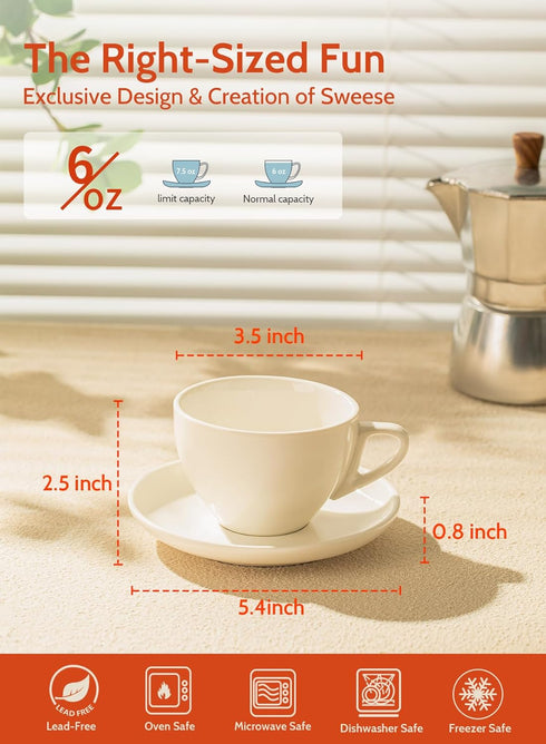 Sweese 6 Ounce Cappuccino Cups with Saucers, Porcelain Double Espresso Cups Set of 6