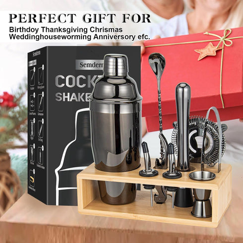 Semderm Set, 18/8 10-Piece Black Cocktail Shaker Premium Stainless Steel Mixology Bartender Kit with Stylish Bamboo