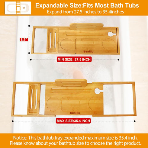 Premium Bamboo Bathtub Tray Caddy - Expandable Bath Tray Table for Most Bathtubs