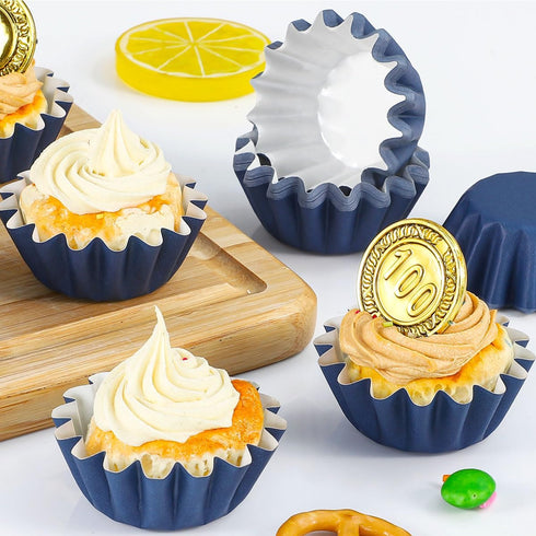 Caperci Grease-Resistant Navy Blue Mini Cupcake Liners 200 Counts - Heavy Duty Paper Muffin Baking Cups, Odorless, No Muffin Pan Needed, Easily Peels (Navy Blue) by Caperci