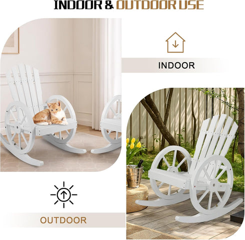 Country Outvita Adirondack Rocking Chair, Wood Wagon Rocker, Outdoor Wooden Carbonized Lounge Chairs with Wheel Armrest