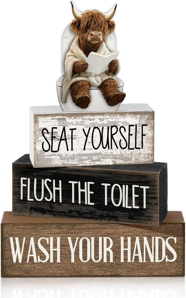Moucuny 4 Pcs Highland Cow Bathroom Decor Set Funny Rustic Wooden Tiered Tray
