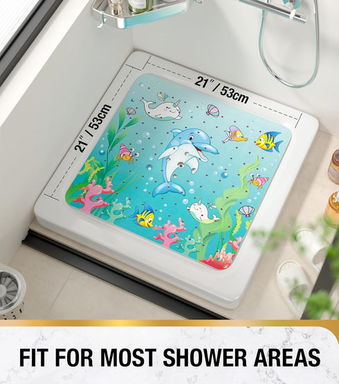 21x21 Inch HITSLAM Square Shower Stall Mat Anti Slip, Quick Dry Bathtub Floor Mat for Kids with Suction Cups