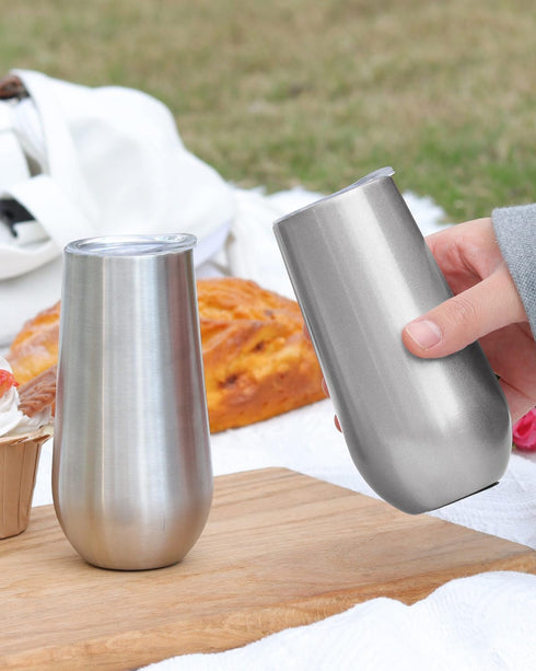 Sivaphe 2Pack Stemless Champagne Flutes Set with Lid, Stainless Steel Insulated Vacuum Tumbler Cocktail Cups - 6 Ounce