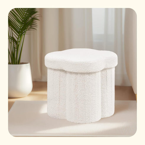 12.6"x12.6"x12.6" PINPLUS Storage Ottoman Cube Flower-Shaped Boucle Footrest Stool with Hidden Storage