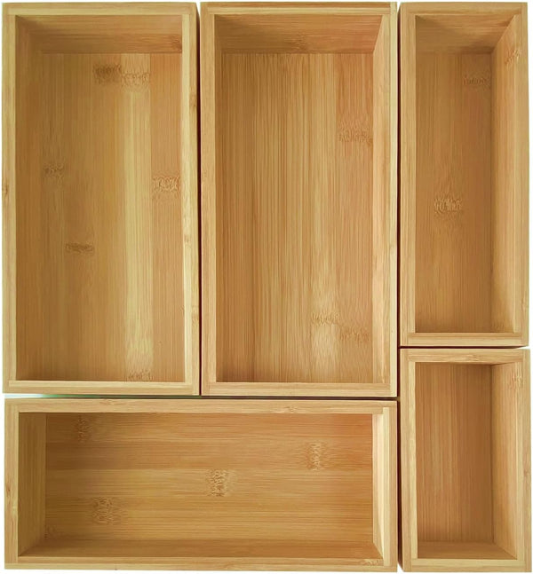 Teicui 5-Piece Pure Bamboo Drawer Organizer Set, Suitable for Kitchen Silverware, Makeup, Desk Organization
