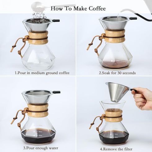 Pour Over Coffee Maker with Stainless Steel Filter, 20 oz Borosilicate Glass Carafe, Holds 3-4 Cups