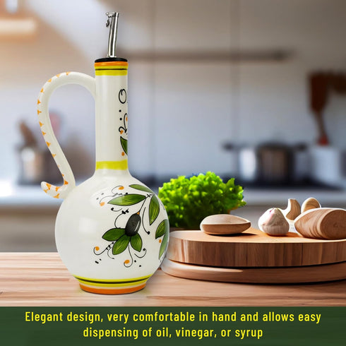 AA Brothers 15oz Hand-Painted Ceramic Olive Oil Dispenser Bottle Decorative Stoneware Cruet with Stainless Steel Spout