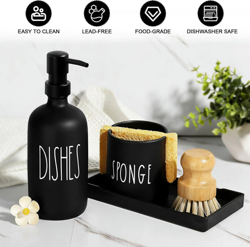 Set 3 1 Countertop Dish Soap Dispenser for Kitchen, Glass Dish Soap Dispenser with Sponge Holder, Black Dispenser