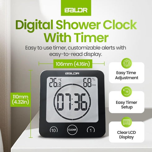 BALDR Digital Shower Clock with Timer - Black, Water-Resistant Countdown Timer Clock for Shower, Bathroom