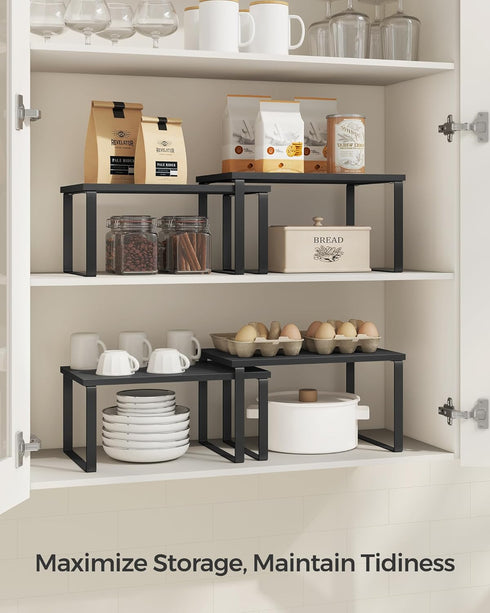 SONGMICS Set of 4 Cabinet Organizer Shelves, Stackable Kitchen Storage, Spice Rack in Ink Black and Ebony Black