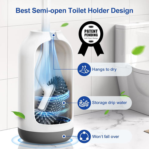 HAMITOR Toilet Bowl Brush Holder Set, 2 Pack Deep Cleaning Silicone Toilet Scrubber with Curved Bristle