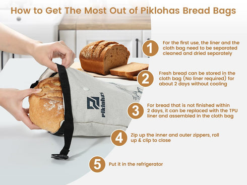 2 Sets Piklohas Detachable Sourdough Bread Bags, Bread Storage for Homemade Sourdough, Reusable Linen Food Storage