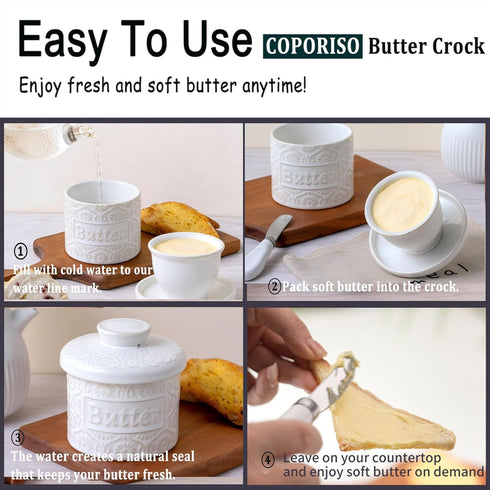 COPORISO Countertop, 6.7 OZ, Ceramic Butter Crock with Lid, French Butter Dish with Water Line for Butter Keeper