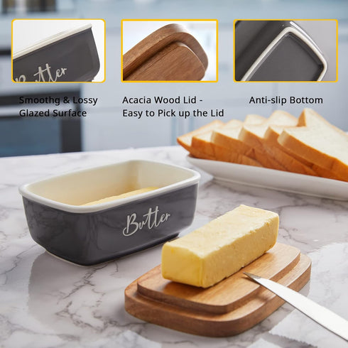 Gray Butter Dish, ALELION Large Ceramic Container with Lid for Countertop, Acacia Wooden Lid for Modern Kitchen Decor