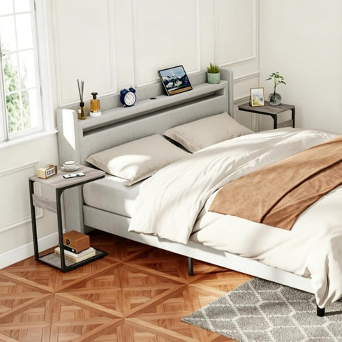 Vovonusy ET-YB-GY1 Wood Pedestal Small Sofa Side Table for Couch, Tall Nightstand, C Shaped End Table, TV Trays
