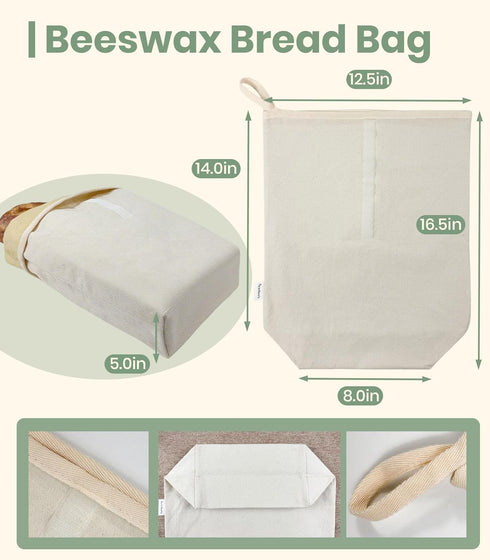 2Pack, 16.5x12.5in Set Hook&Loop Cotton Bread Bag with Beeswax Lining Unbleached Cloth Bees Wax Lined Storage Bags