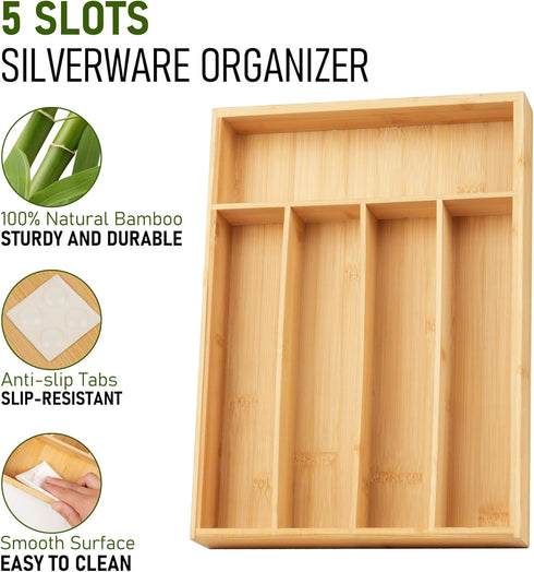 LotFancy Silverware Organizer, Bamboo Drawer Organizer for Kitchen Utensils, Flatware Holder for Cutlery Storage