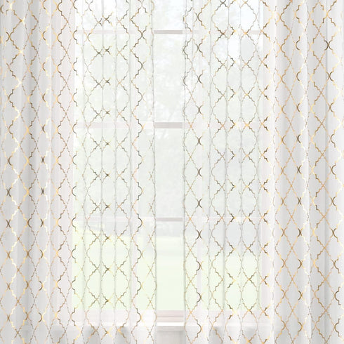 Kotile 63 Inch White and Gold Sheer Curtains, 2 Panels Set, Light Filtering Shimmer Ogee Sheer Curtains