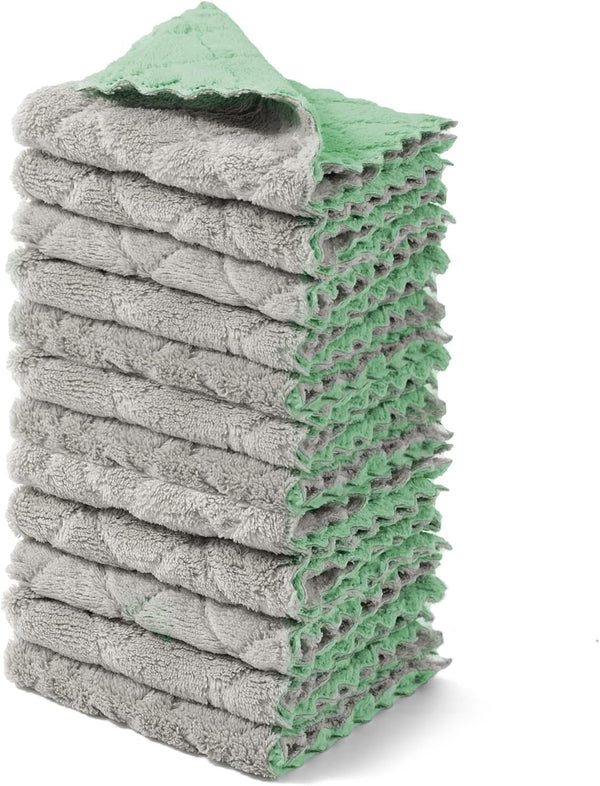kimteny 12 Pack Dish Towels - 10x10 in Premium Coral Velvet Dishcloths, Super Absorbent Kitchen Towels (Green-Grey)