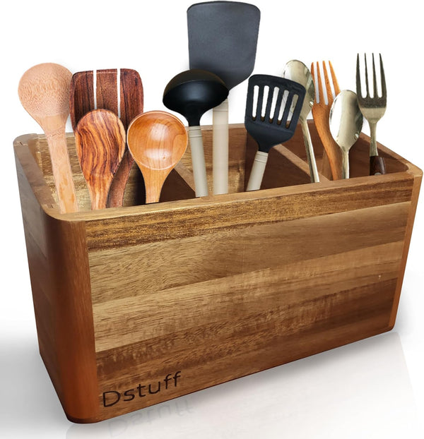 Large Kitchen Utensil Holder Organizer, Wooden Storage Container with 3 Compartments, Acacia Wood
