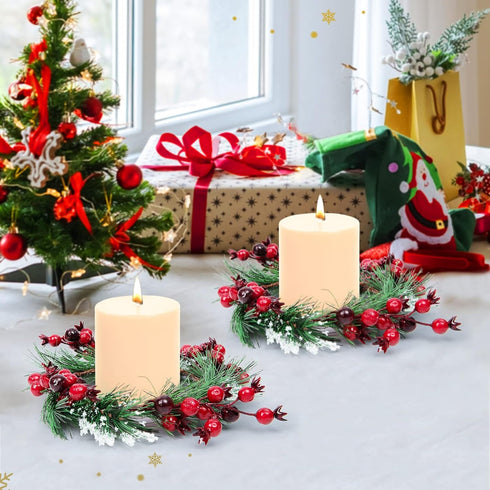 4.3 Inches 4 Christmas Candle Rings- Candle Wreaths Candle Garland with Artificial Red Berries- Xmas Wreath Candle