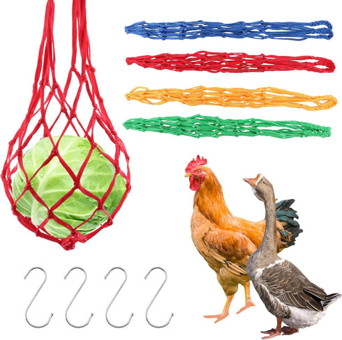 Ranjaner 4pcs Duck(4 Chicken Vegetable Hanging Feeder Polyester Chicken Vegetable String Bag with Metal Hooks in Coop