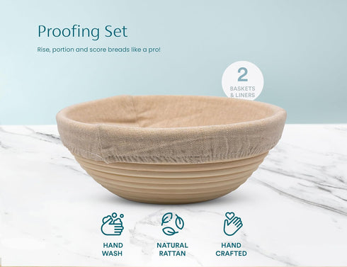 9 Inch 12 Set 2 Kook Banneton Bread Proofing Basket - Complete Piece Sourdough Basket Kit with Liners and Scrapers
