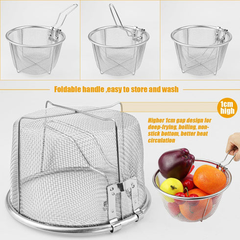 Stainless Steel Deep Fry Basket, Round Wire Fry Basket with Folding Handle for Home Restaurant Cooking Serving (7 Inch)