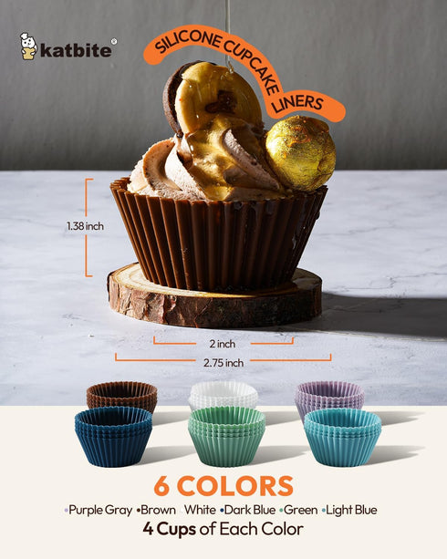 Katbite Silicone Cupcake Baking Cups, 24 Pack Reusable Non-stick Heavy Duty Liners for Baking Muffins