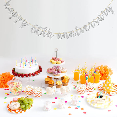 Glitter Silver Happy 60th Anniversary Banner - Sixty Sign for Birthday and Wedding Party Bunting Decoration