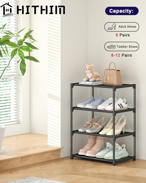 4 Closet HITHIM Tiers Small Shoe Rack,Narrow Stackable Shoe Shelf Organizer,Sturdy Shoe Stand, Non-Woven Fabric Metal