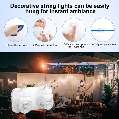 FALDAA 50Pcs Outdoor Light Clips, Clips with Waterproof Adhesive Strips, Heavy Duty Hook with Screws for Hanging
